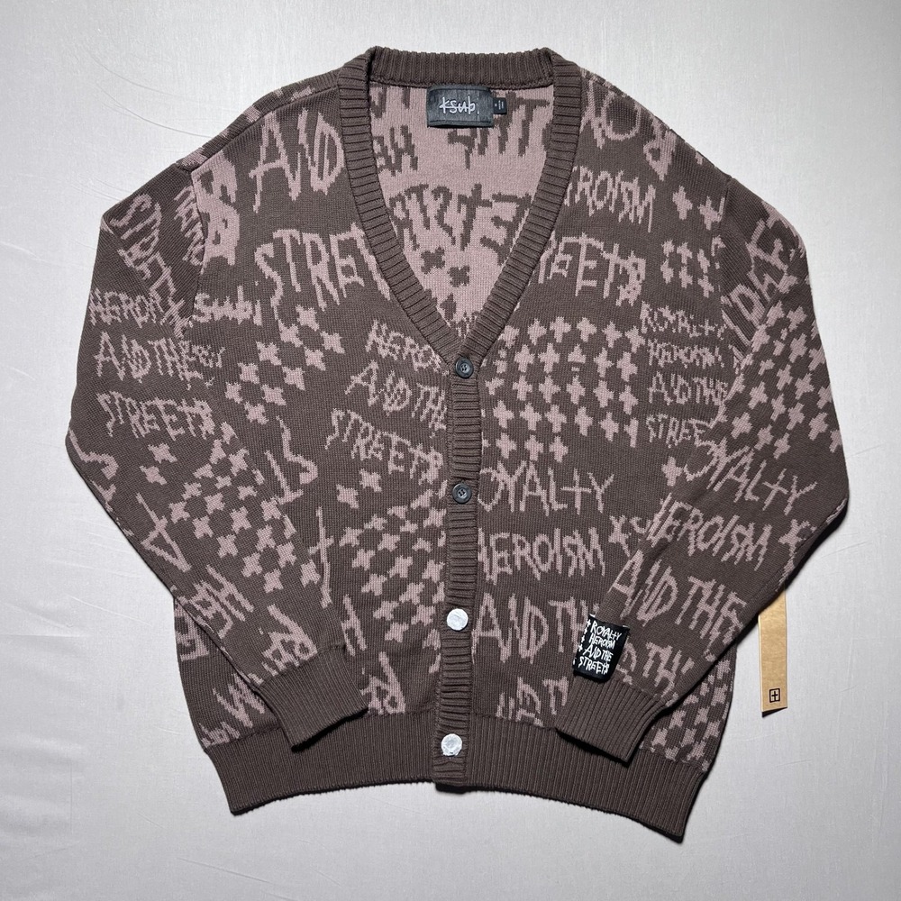 Ksubi Heroism Java Cardigan Mens Medium Brown Graphic Knit Sweater Allover Print